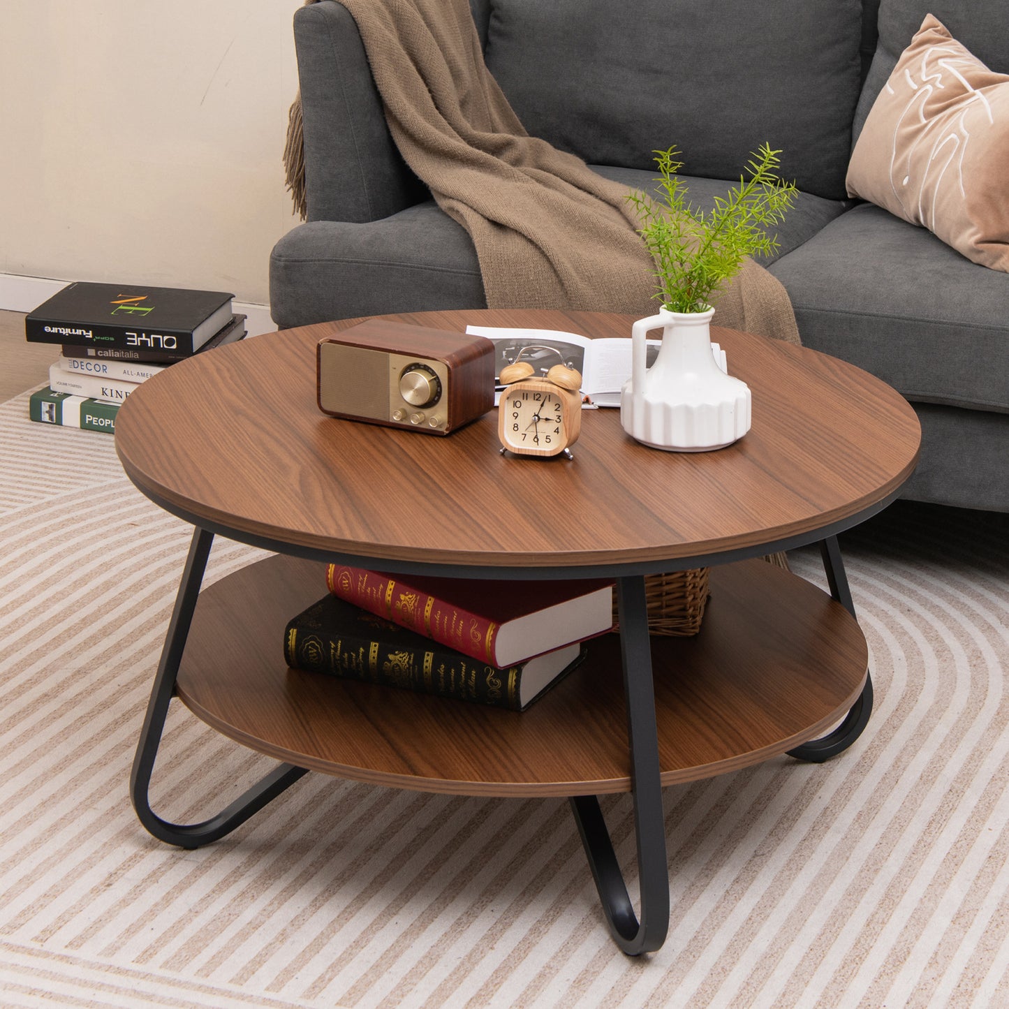 Giantex Round Coffee Table, 2-Tier Center Table w/Open Storage Shelf, Vintage Cocktail Table