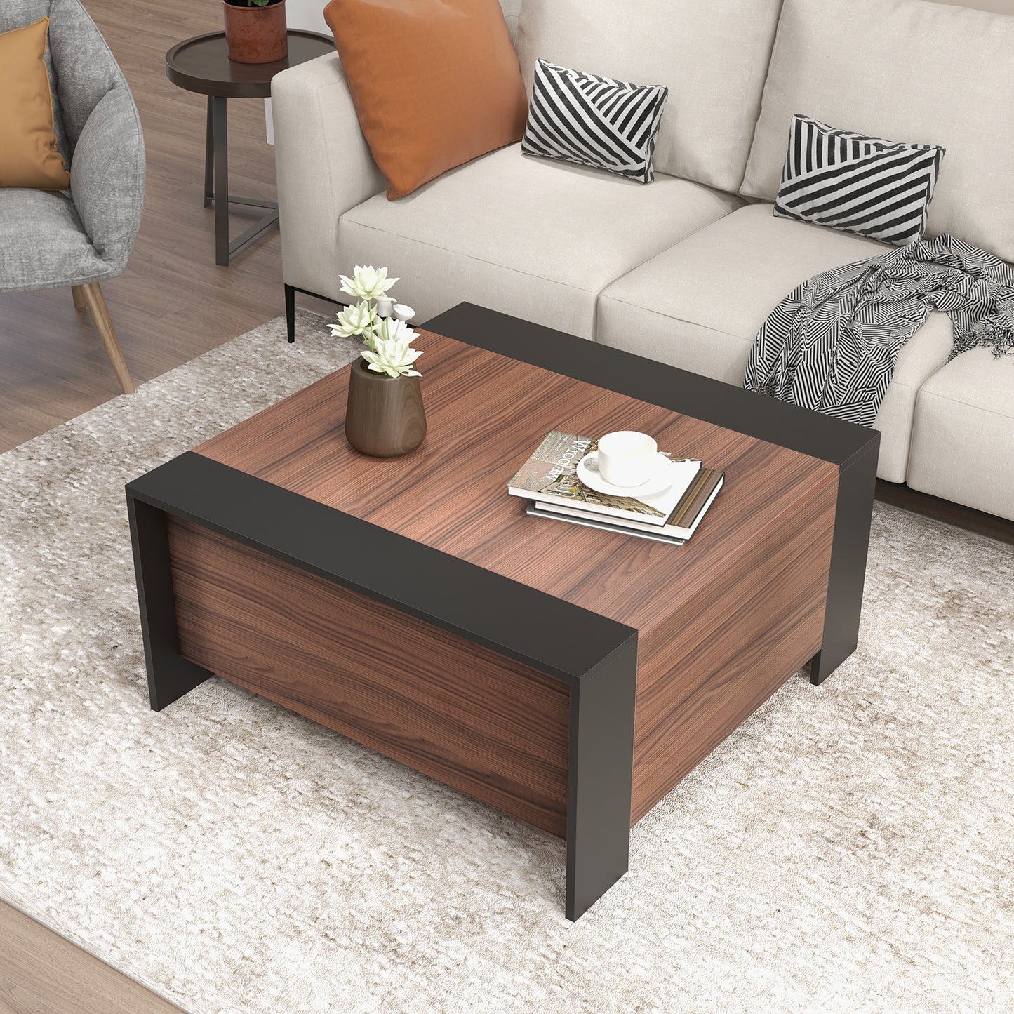 Giantex Wood Square Coffee Table, Farmhouse Center Table w/Sliding Top & Hidden Storage Compartment, Cocktail Table for Small Spaces