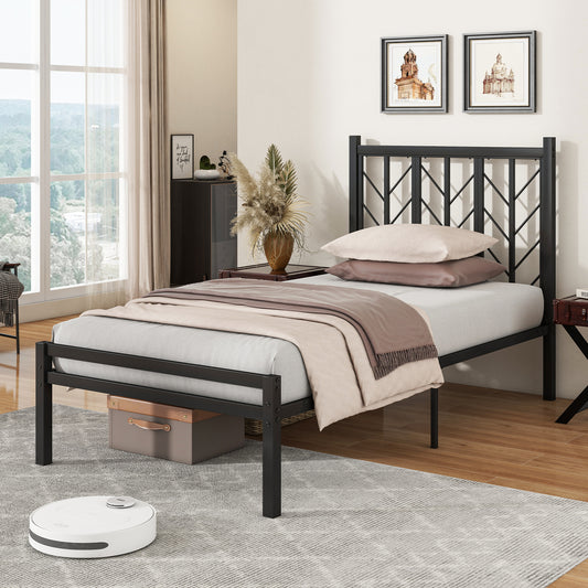 Giantex Twin Size Platform Bed Frame w/Vintage Headboard, Metal Mattress Foundation for Storage, No Box Spring Needed, Easy Assembly