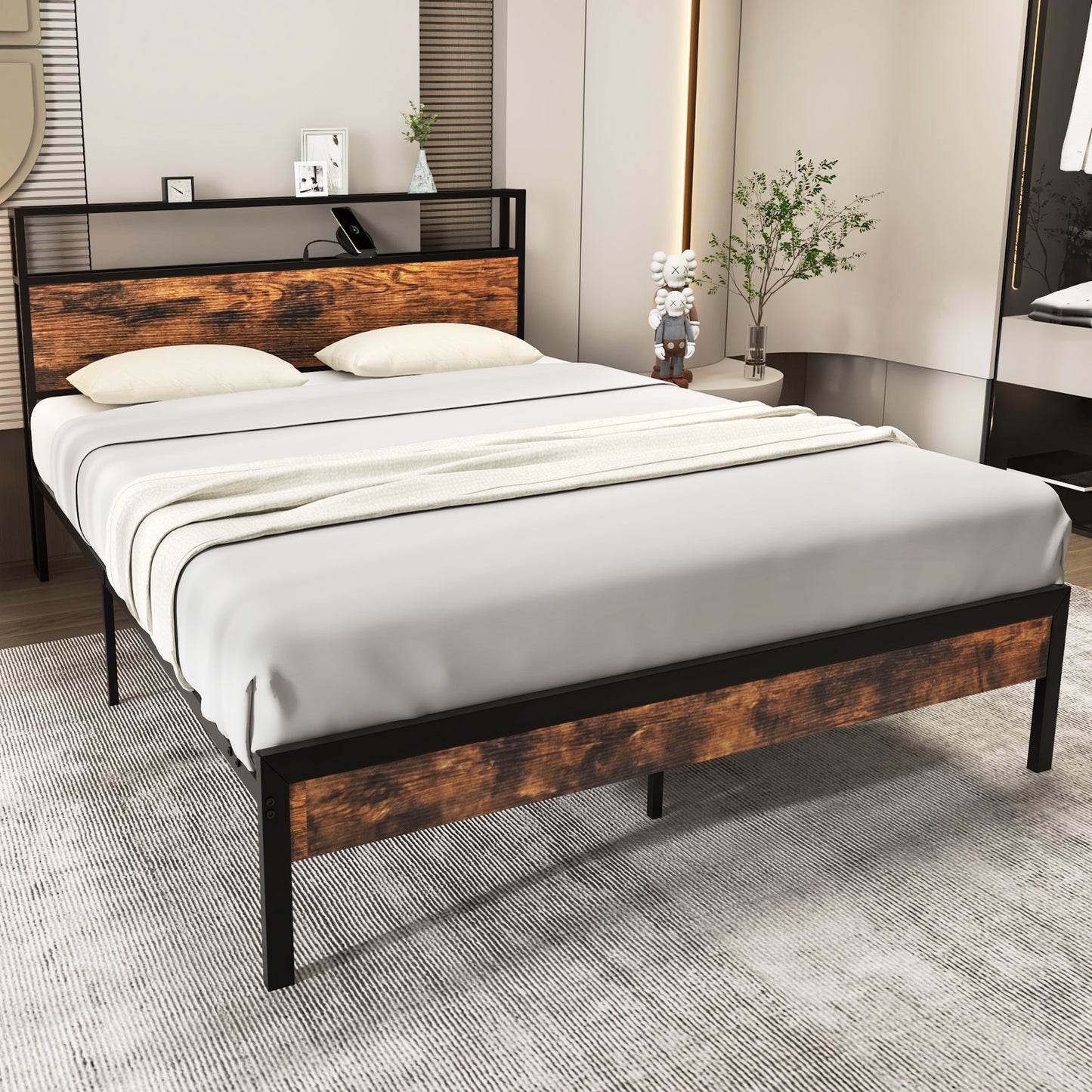 Giantex Industrial Queen Bed Frame w/Storage Headboard & Charging Station, Heavy-Duty Metal Platform Bed, Noise-Free Mattress Foundation, No Box Spring Needed