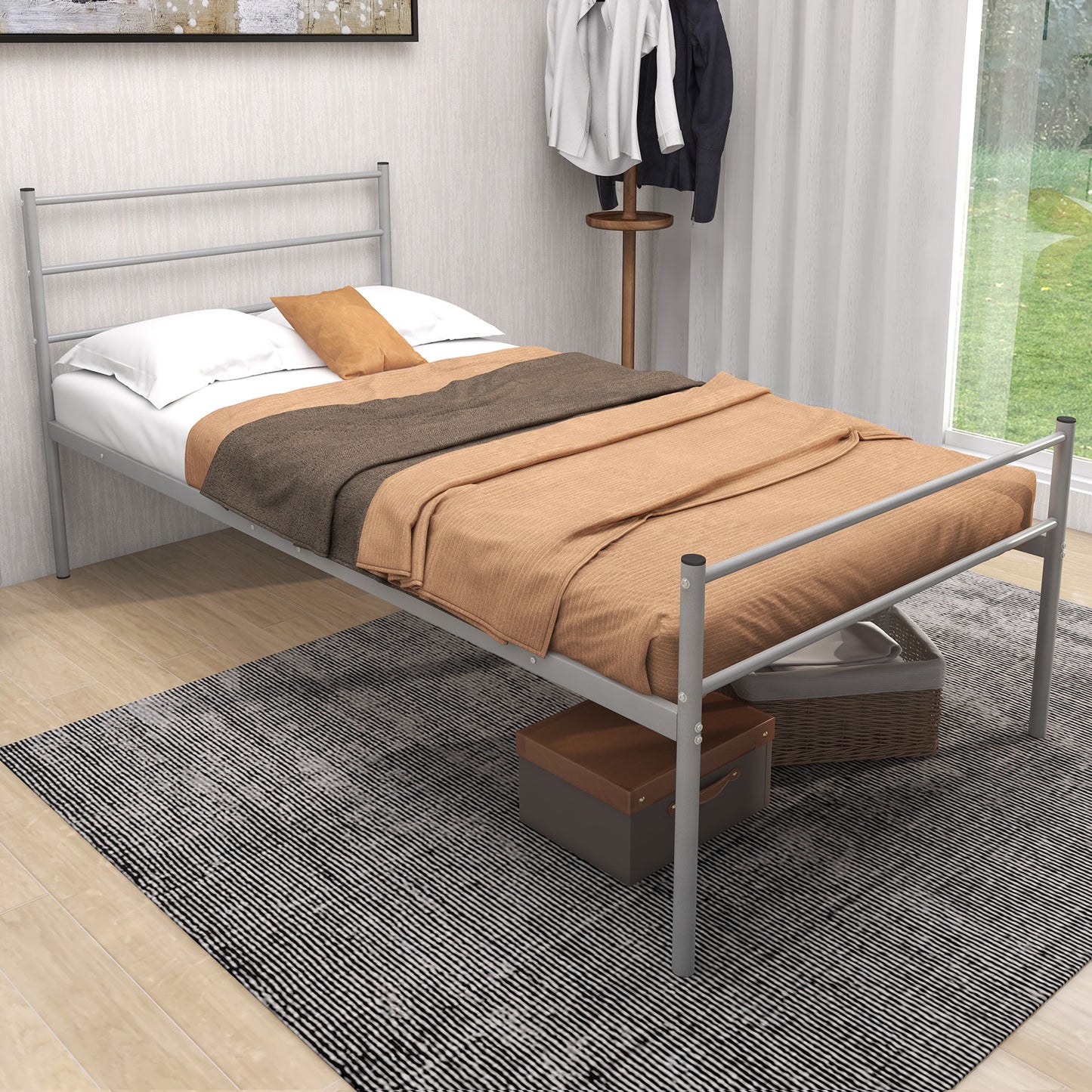 Giantex Twin Metal Platform Bed Frame, Mattress Foundation w/Strong Support Slats, No Box Spring Needed, Silver