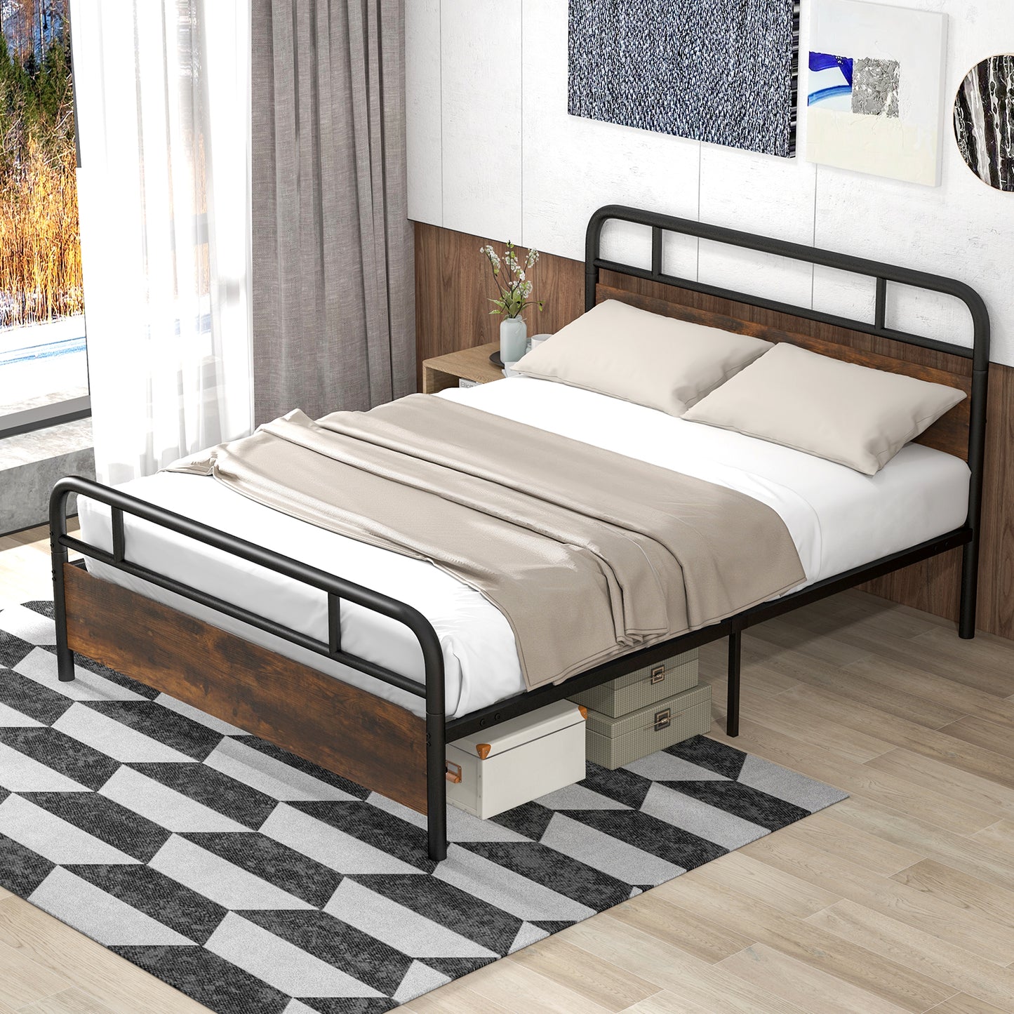 Giantex Full Size Metal Bed Frame, Industrial Platform Bed w/Wood Headboard & Footboard, No Box Spring Needed