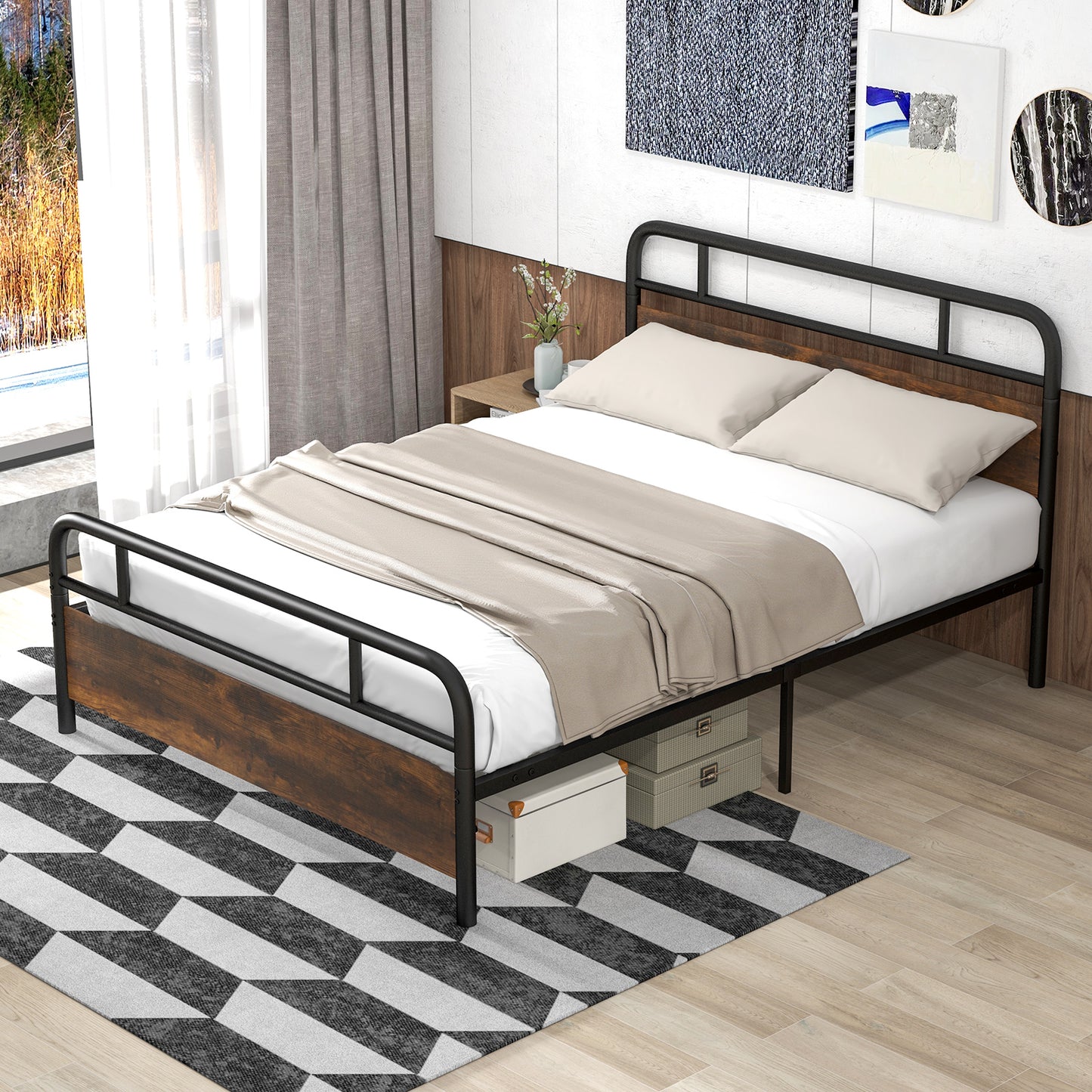 Giantex Queen Size Metal Bed Frame, Industrial Platform Bed w/Wood Headboard & Footboard, No Box Spring Needed