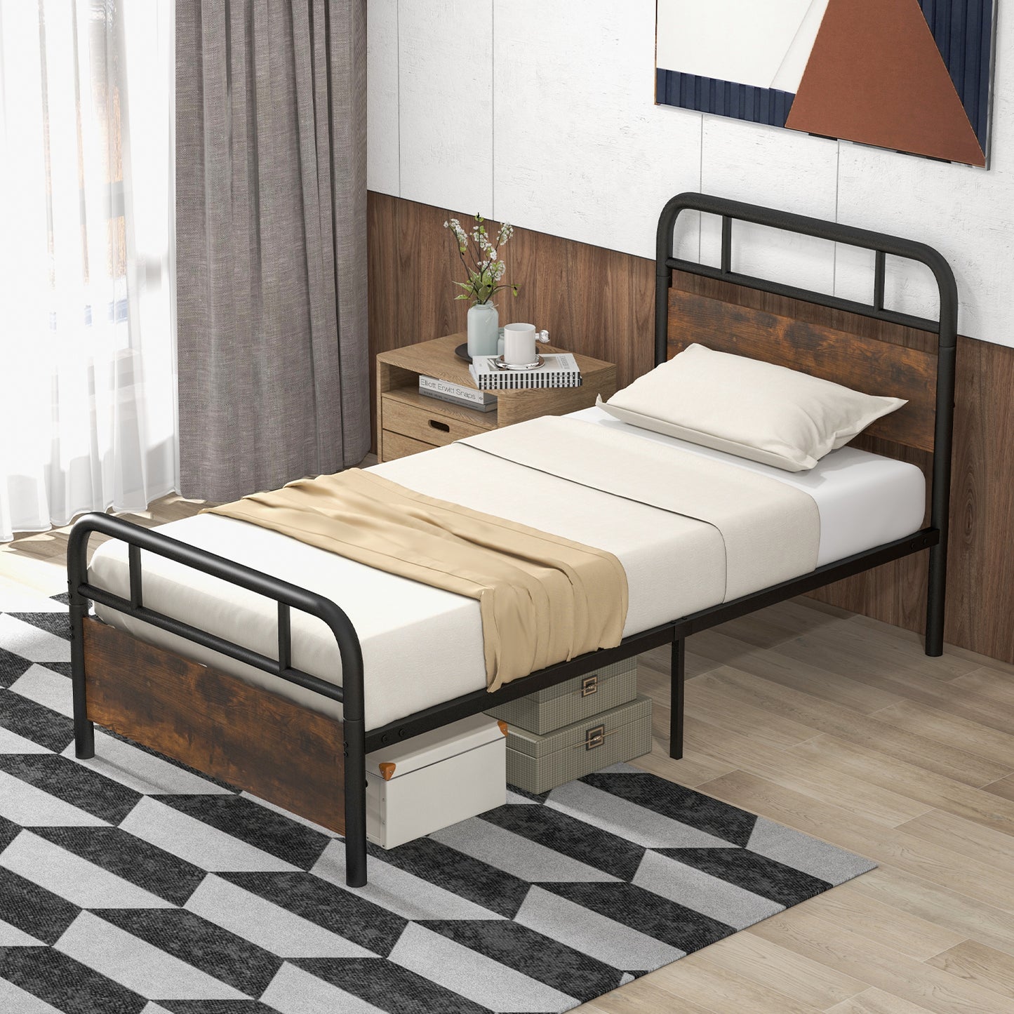 Giantex Twin Size Metal Bed Frame, Industrial Platform Bed w/Wood Headboard & Footboard, No Box Spring Needed