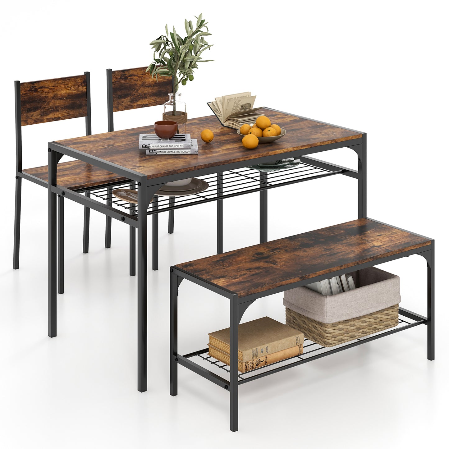 Giantex Space-saving Dining Table Set for 4, Industrial Rectangular Table w/ 2 Chairs, 1 Bench, Storage Racks