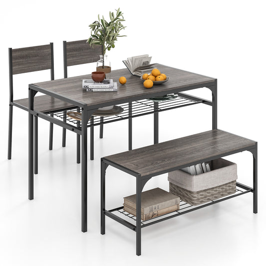 Giantex Space-saving Dining Table Set for 4, Industrial Rectangular Table w/ 2 Chairs, 1 Bench, Storage Racks, Gray