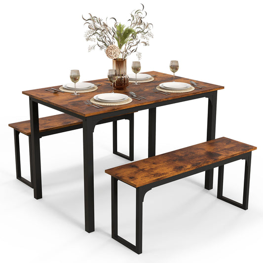 Giantex 3-Piece Dining Table Set w/2 Benches, Wooden Kitchen Table Set for Limited Space