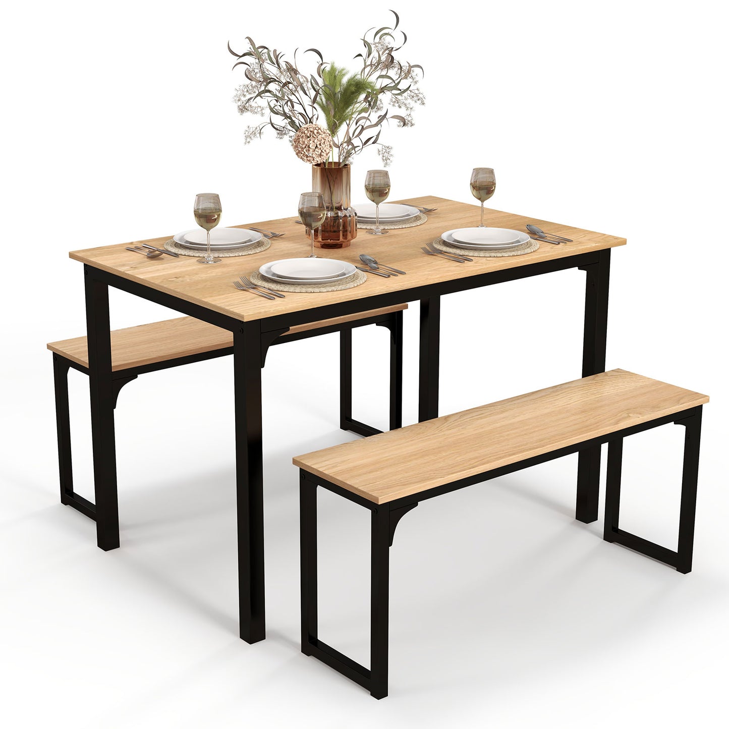 Giantex 3-Piece Dining Table Set w/Wooden Kitchen Table, Kitchen Dining Table w/Benches