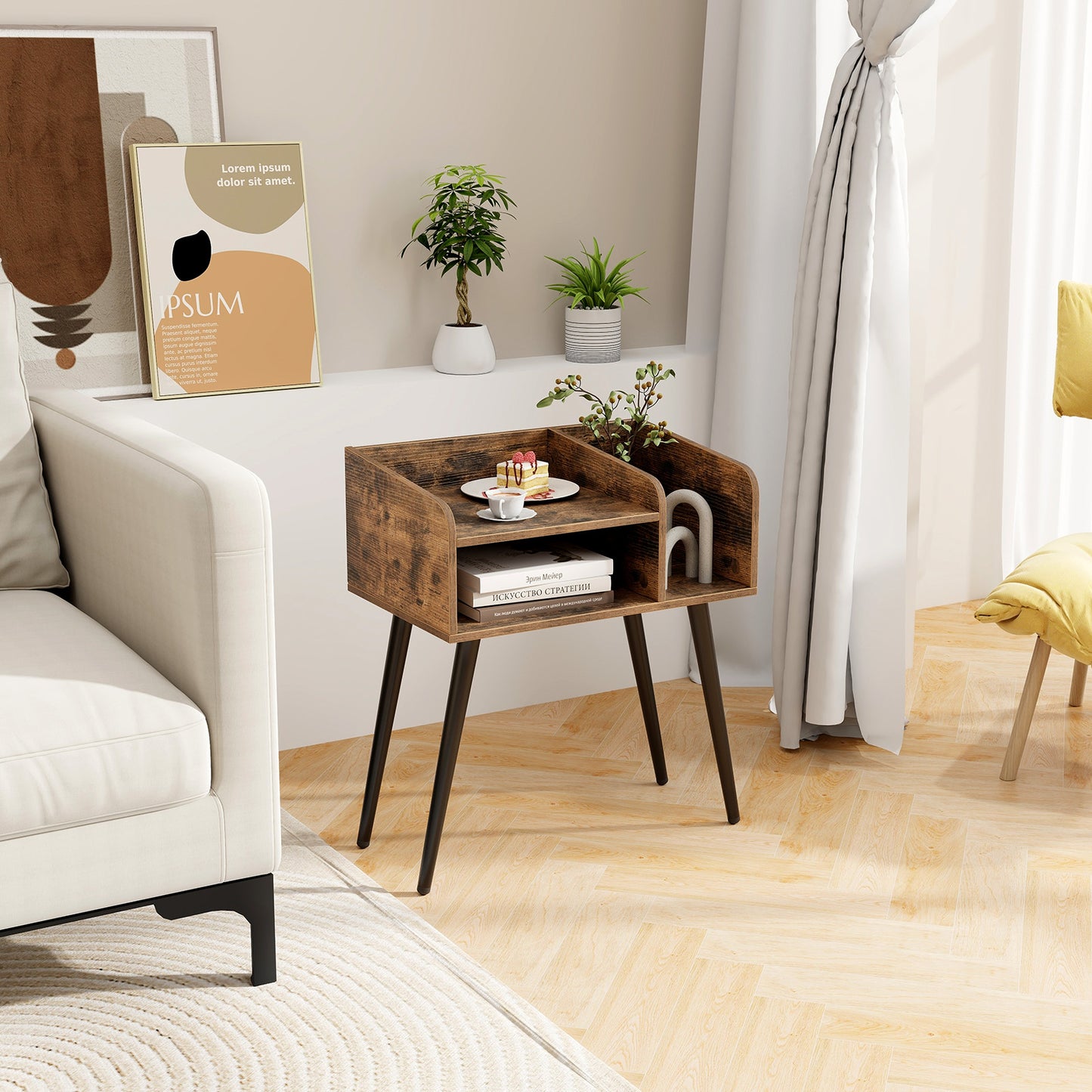 Giantex 2-Tier Nightstand w/Open Shelves, Mid-Century Modern Bedside Table, End Table Side Table, Rustic Brown