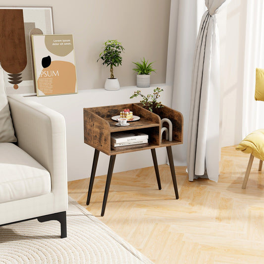 Giantex 2-Tier Nightstand  w/Open Shelves, Mid-Century Modern Bedside Table, End Table Side Table, Rustic Brown