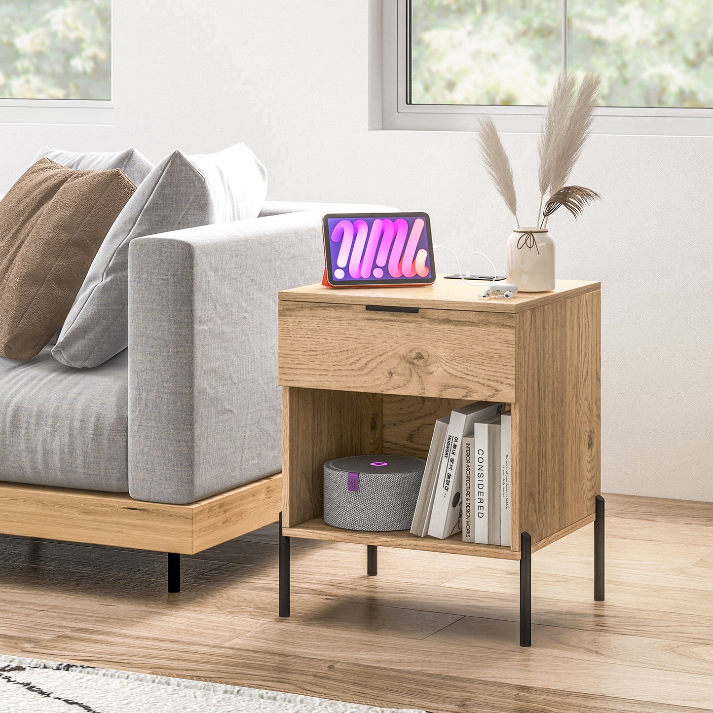 Giantex Nightstand w/Charging Station, Compact Bedside Table, End Table w/Drawer & Storage Shelf