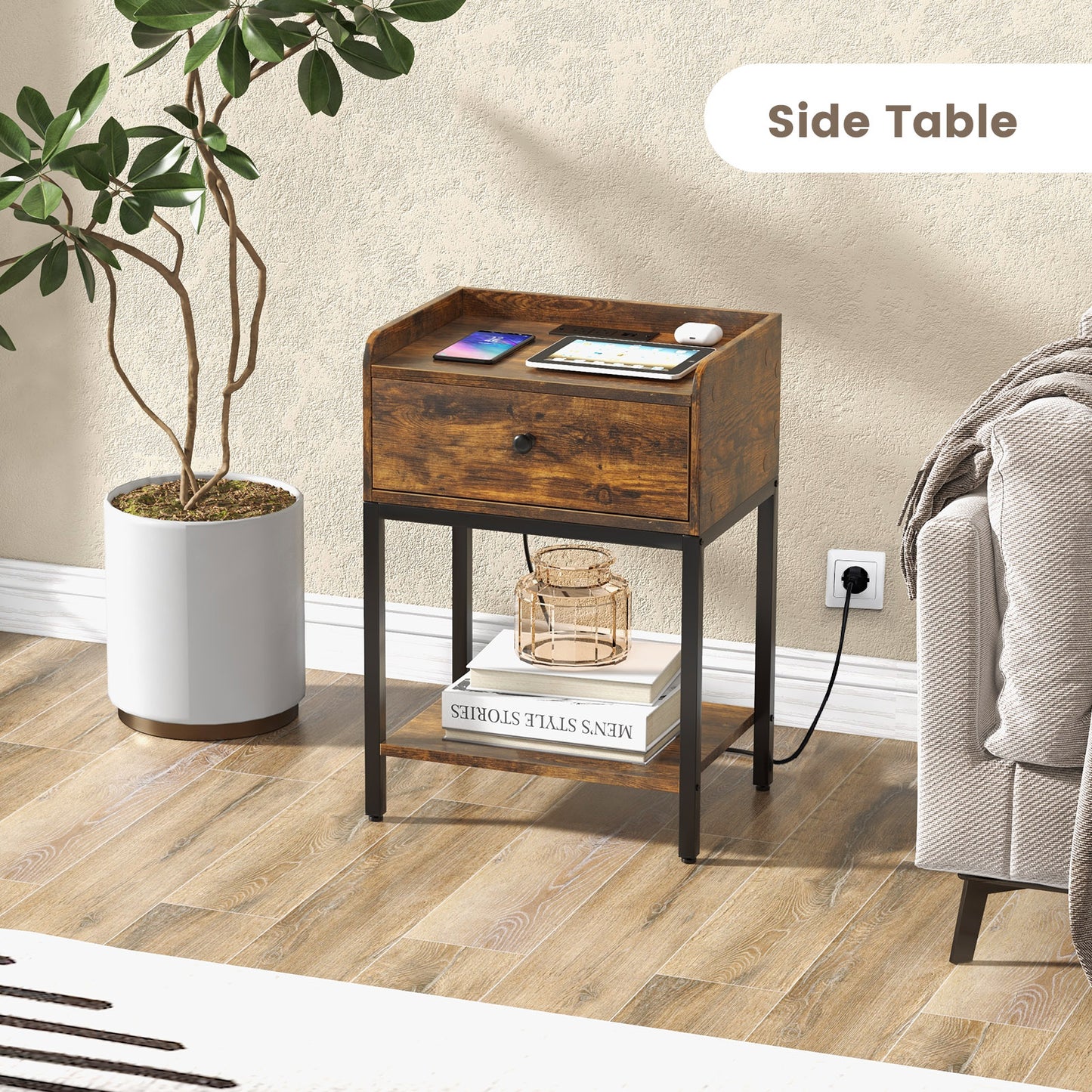 Giantex Narrow Bedside Table, Nightstand w/Charging Station, Side End Table w/Metal Frame
