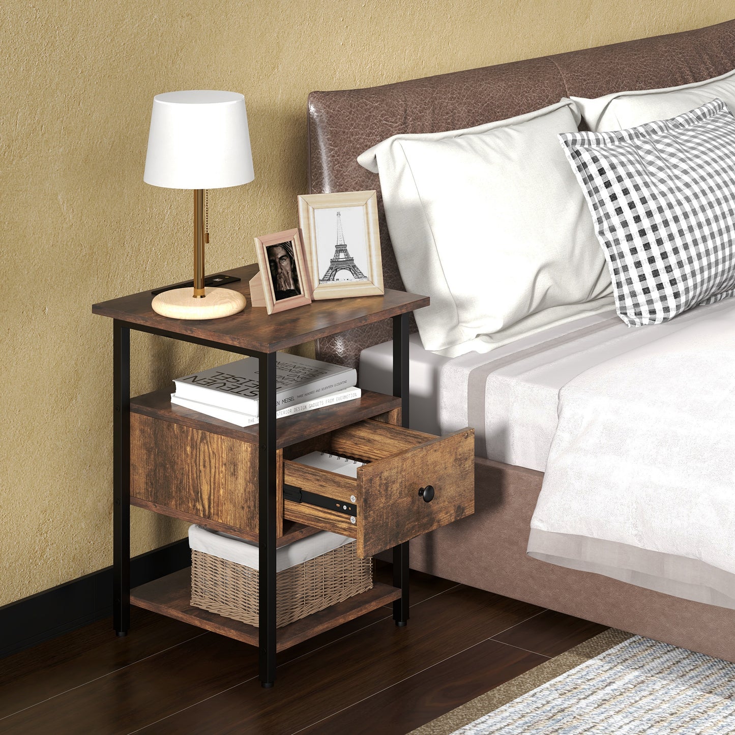 Giantex Nightstand, Industrial Sofa Table w/Charging Station, Bedside Table End Table w/2 USB Ports & 3 Power Outlets