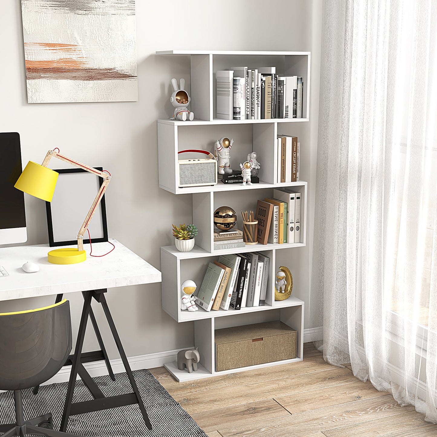 Giantex 5-Tier Bookcase, Freestanding Room Divider Bookshelf w/Open Display Shelves, Wood S-Shaped Storage Organizer, White