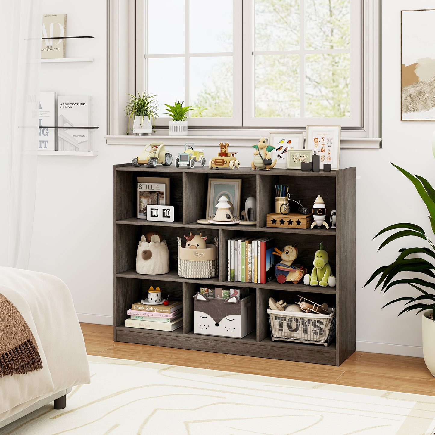 Giantex 8-Section Display Shelf Cabinet, Storage Organizer for Organizing Books & Toys, Open Wooden Daycare Kids Bookshelf, Grey