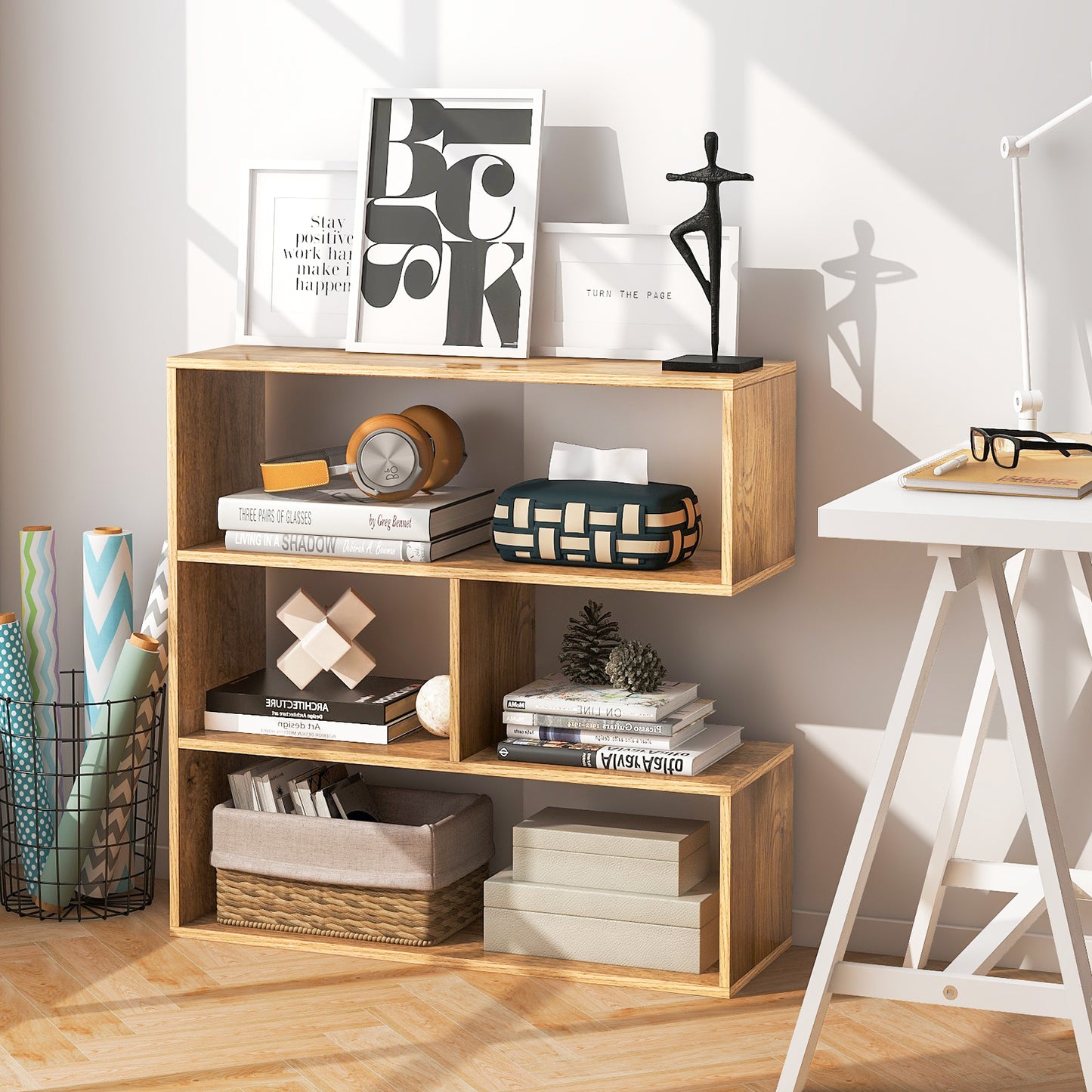 Giantex 3 Cubes Bookcase, Irregular Open Bookcase, Freestanding Bookshelf Combination, Concave Home Display Storage Shelf