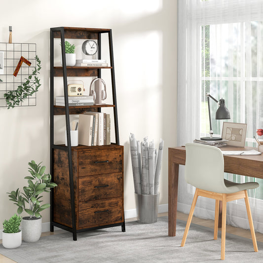 Giantex Industrial Ladder Bookshelf, 4-Tier Bookcase w/3 Drawers & Metal Frame, Rustic Brown