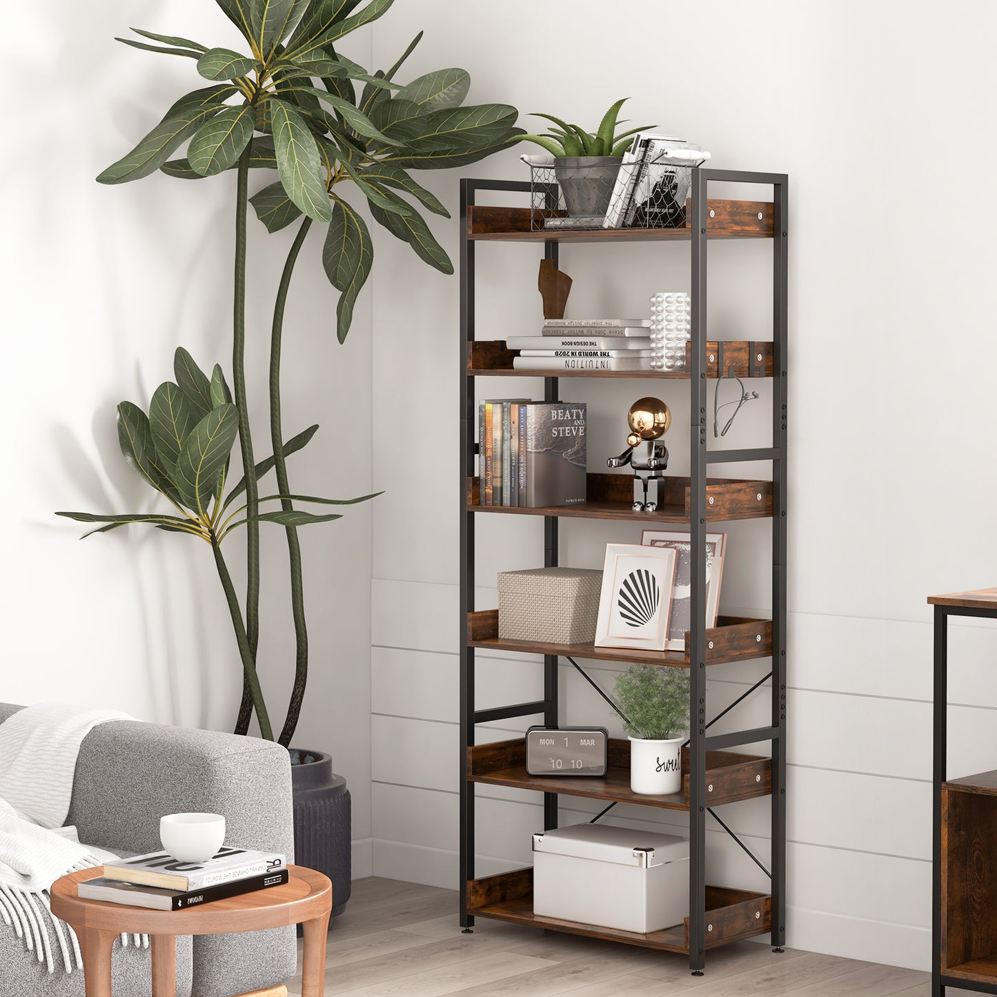 Giantex Industrial 6-Tier Bookshelf, Tall Freestanding Storage Display Shelf, Wooden Floor Bookcase
