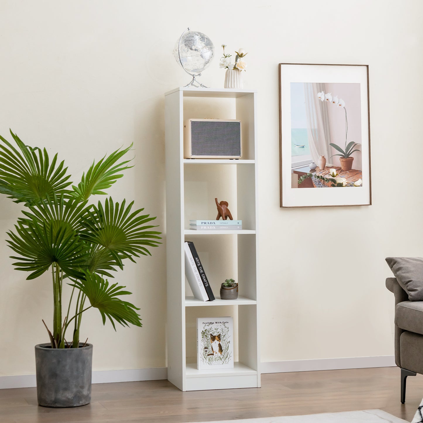 Giantex Tall 4 Cube Bookcase, Freestanding Narrow Open Display Bookshelf, Wooden Storage Organizer for Small Place