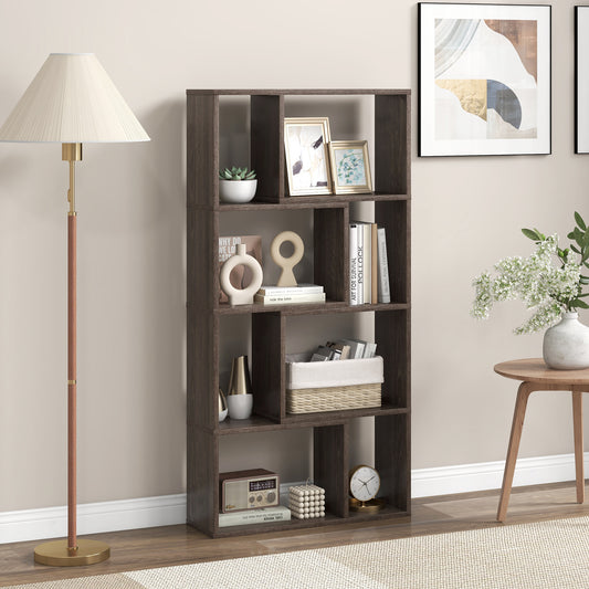 Giantex Tall Bookcase w/8 Cubes, mall Bookshelf, Wooden Geometric Display Shelf, Grey