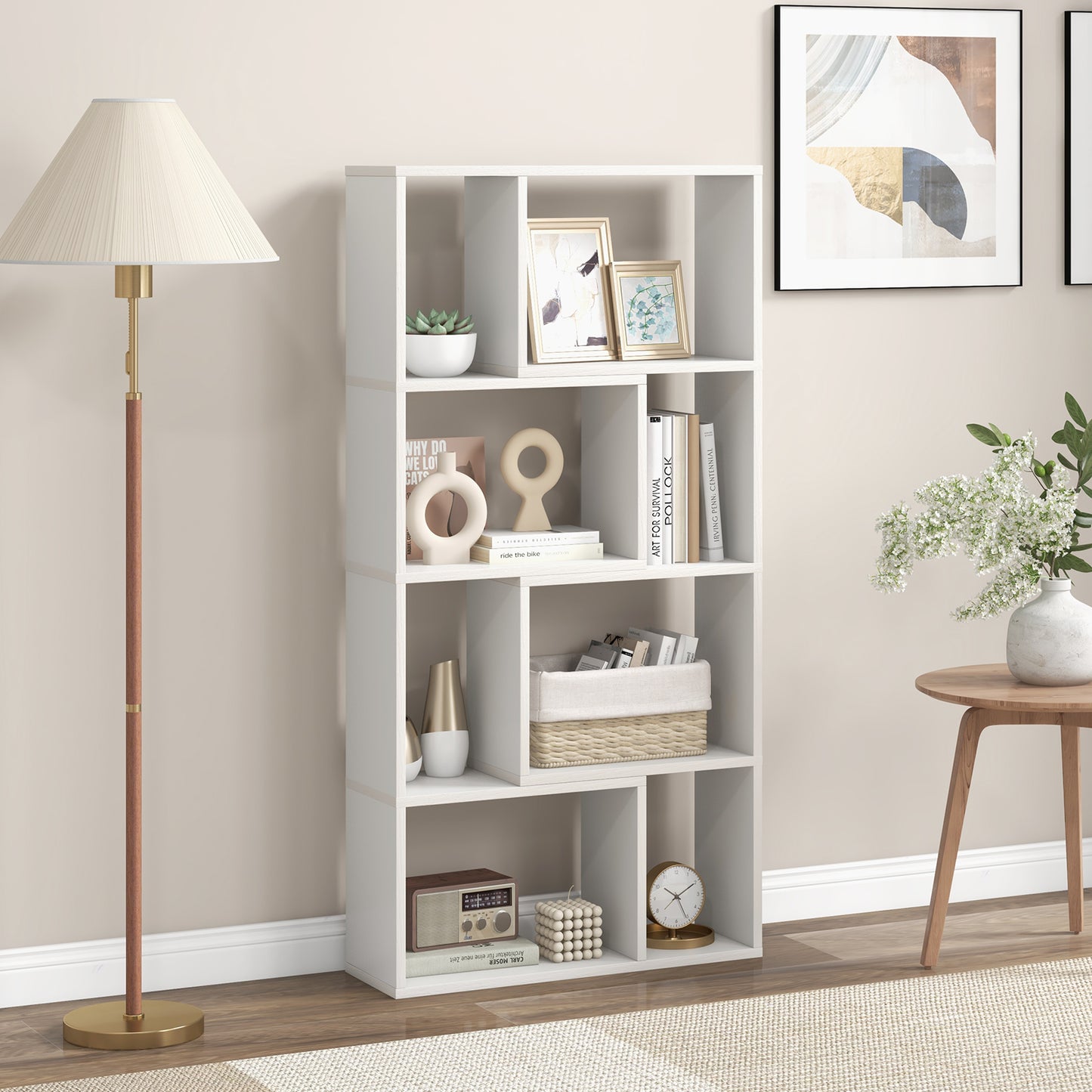 Giantex Tall Bookcase w/8 Cubes, mall Bookshelf, Wooden Geometric Display Shelf, White