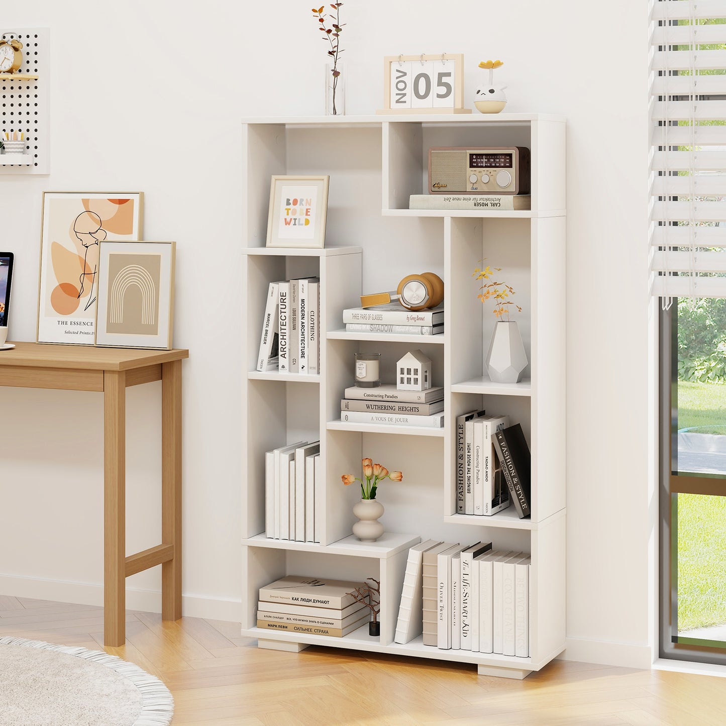 Giantex Geometric Bookshelf, 47 Inch Tall Bookcase w/Multiple Open Shelves, Freestanding 9 Cubes Bookshelf Storage Display, White