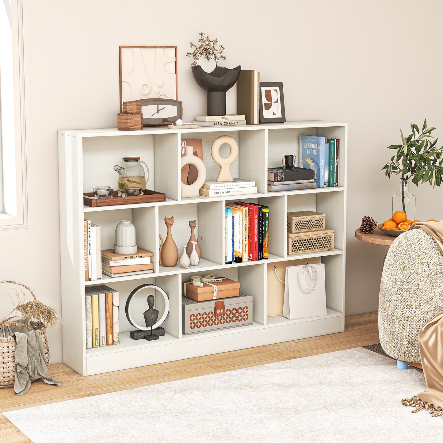 Giantex 10-Section Wooden Floor Storage Cabinet, Display Bookshelf for Classroom, Playroom & Nursery, Kindergarten, White