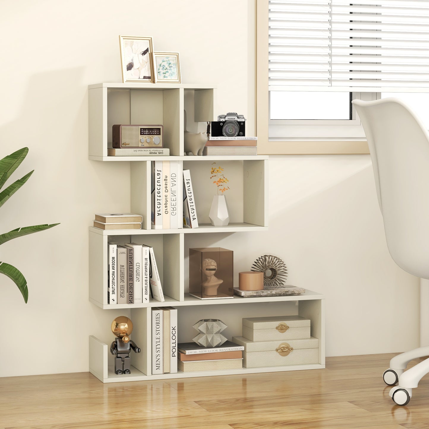 Giantex S-Shaped Bookshelf, Geometric Bookcase w/Open Shelves, Wood Standing Shelf, White