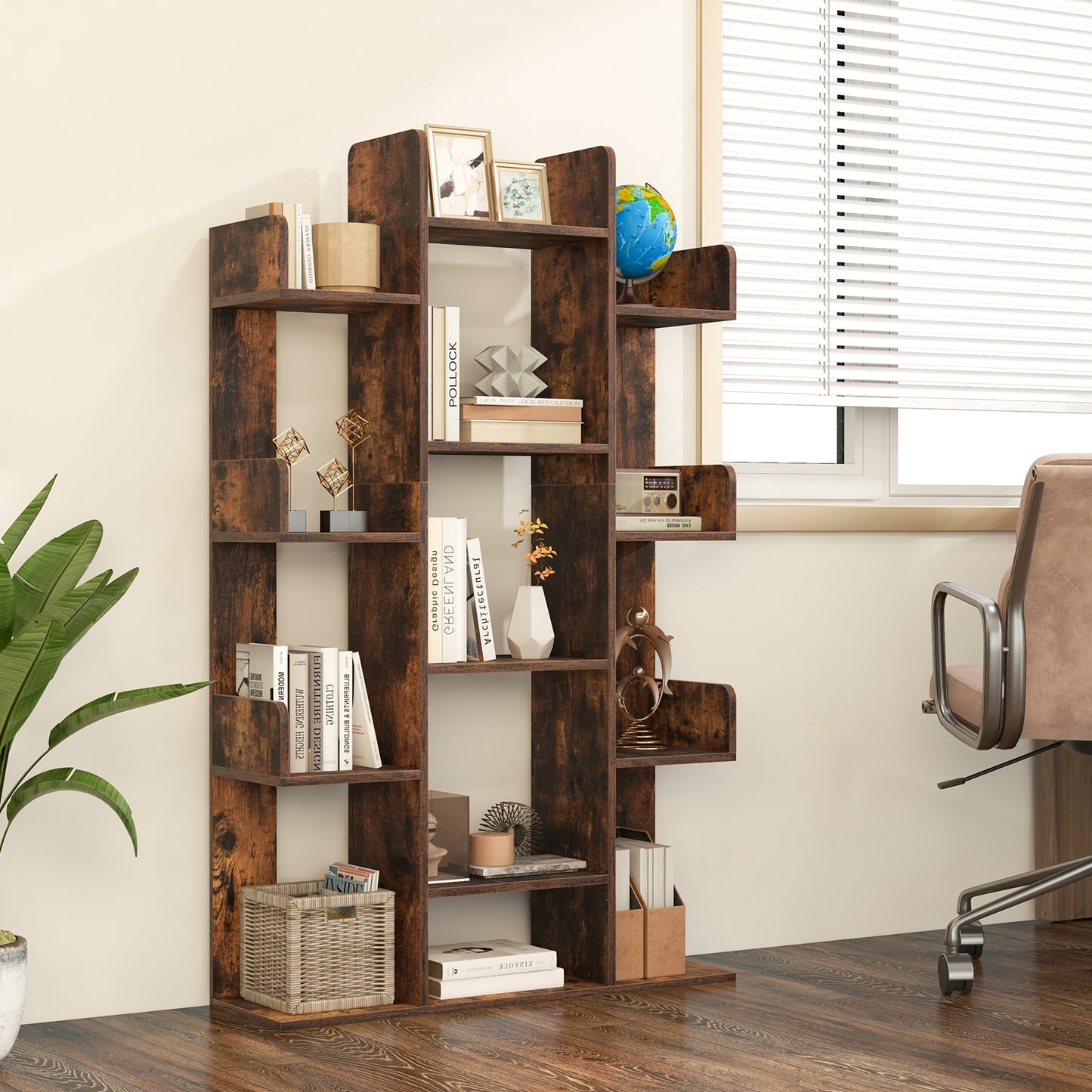 Giantex Tree Bookshelf, Wooden Bookcase w/13 Staggered Shelves, Geometric Display Wood Storage Organizer, Rustic Brown