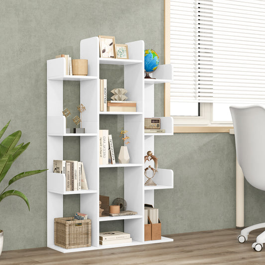 Giantex Tree Bookshelf, Wooden Bookcase w/13 Staggered Shelves, Geometric Display Wood Storage Organizer, White