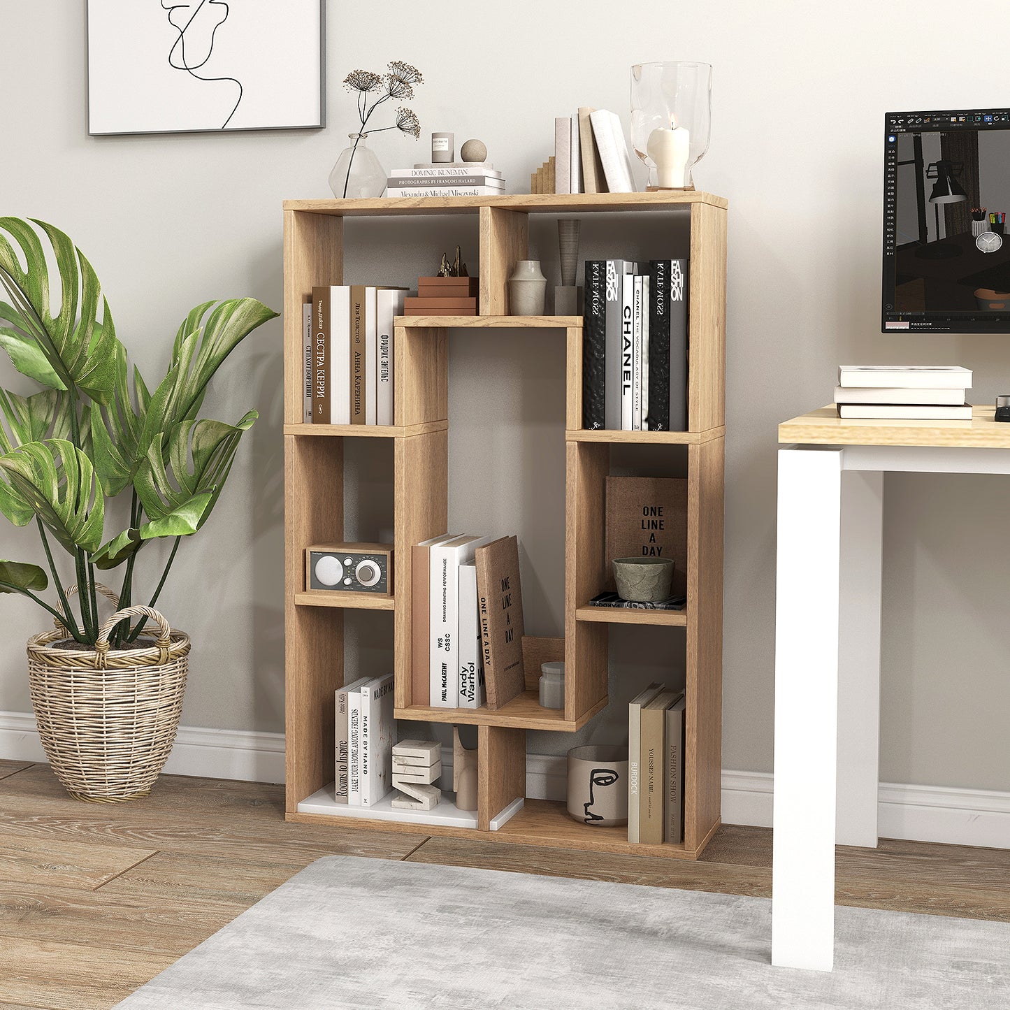 Giantex Wood Geometric Bookshelf, Freestanding Open Bookcase w/7 Cubes, Storage Display Rack for Home Office, Natural