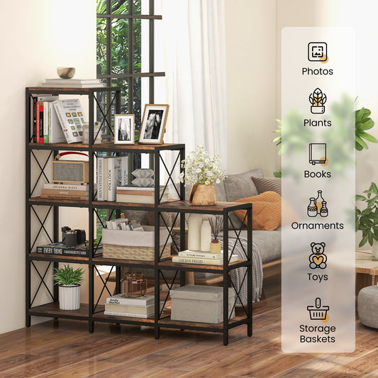 Giantex 9 Cubes Bookshelf, 5-Tier Stepped Bookcase w/Carbon Steel Frame & 12 Shelves, Storage Open Display Shelf