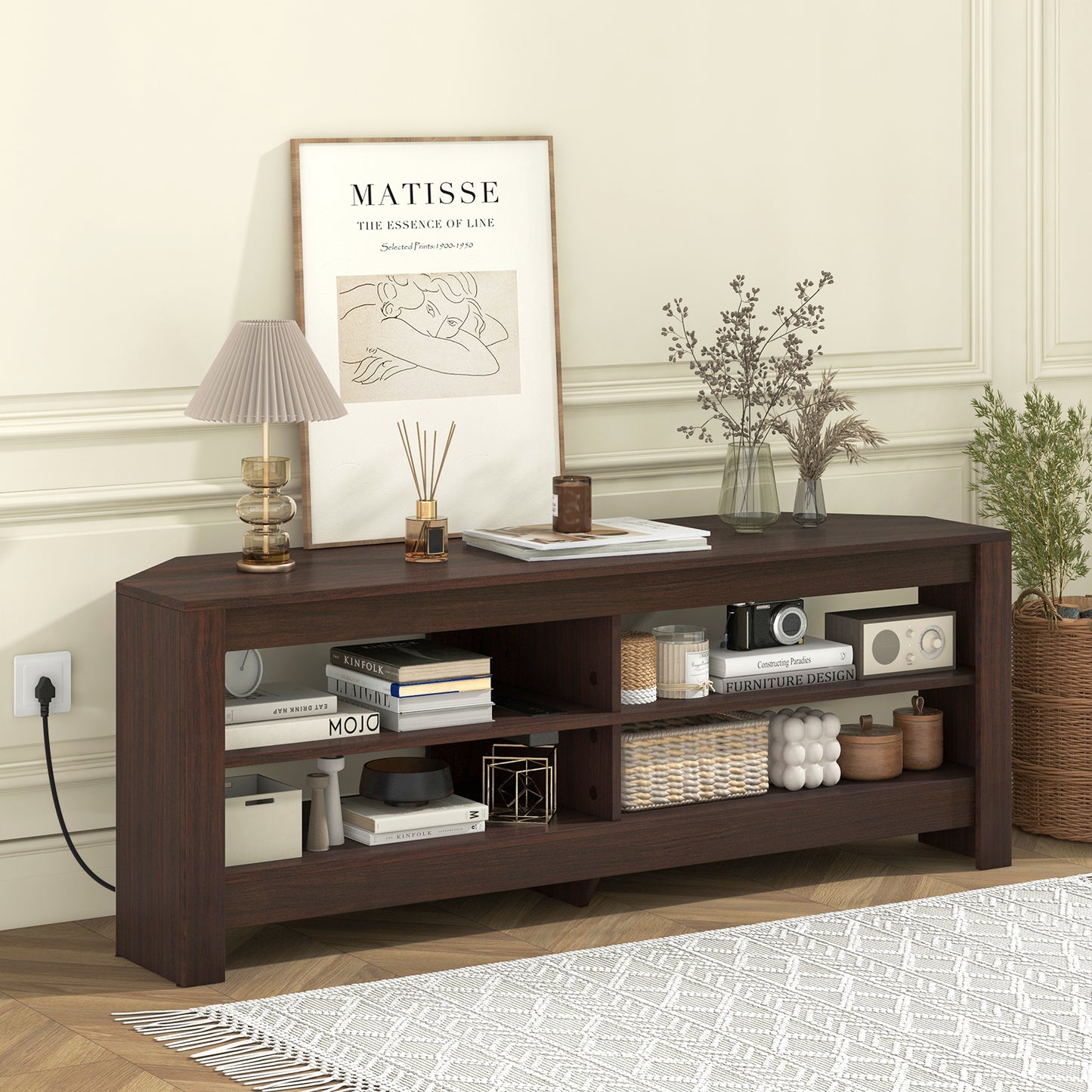 Giantex 55'' Corner TV Stand, Console Table for TVs up to 65" w/4 Open Storage Shelves for Living Room Bedroom, Brown