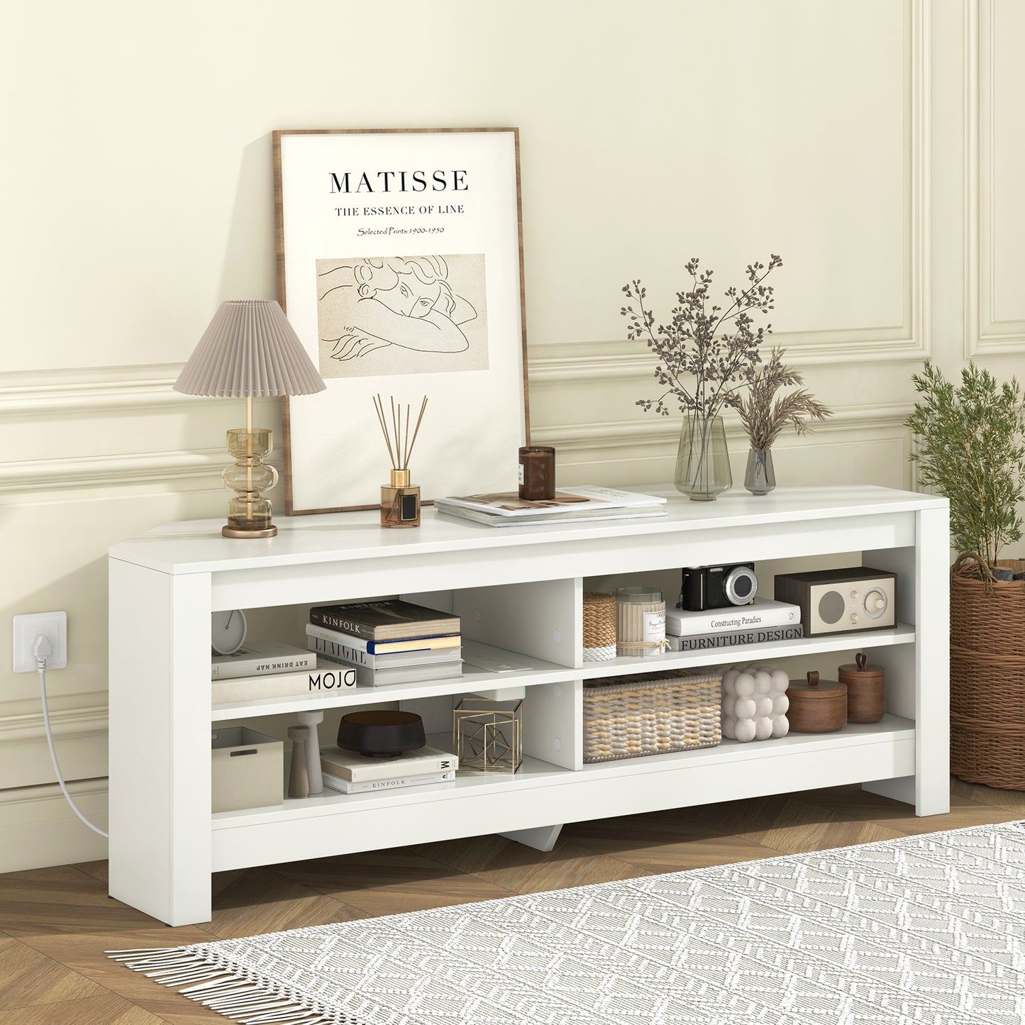 Giantex 55'' Corner TV Stand, Console Table for TVs up to 65" w/4 Open Storage Shelves for Living Room Bedroom, White