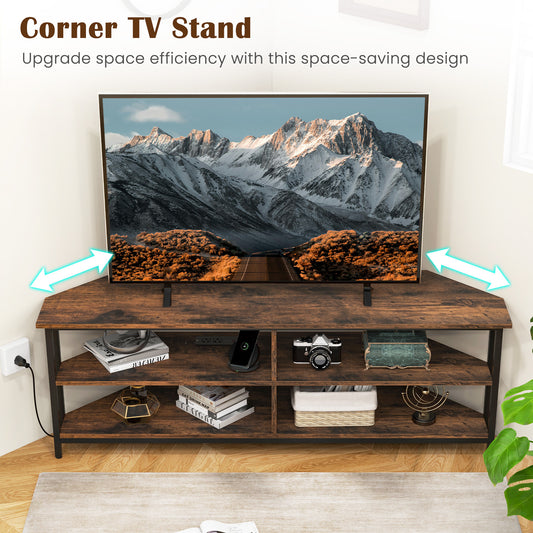 Giantex Nightcore Corner TV Stand, Entertainment Center for 65" TV, Console Table w/Metal Frame & AC Outlets, Media Console, Brown