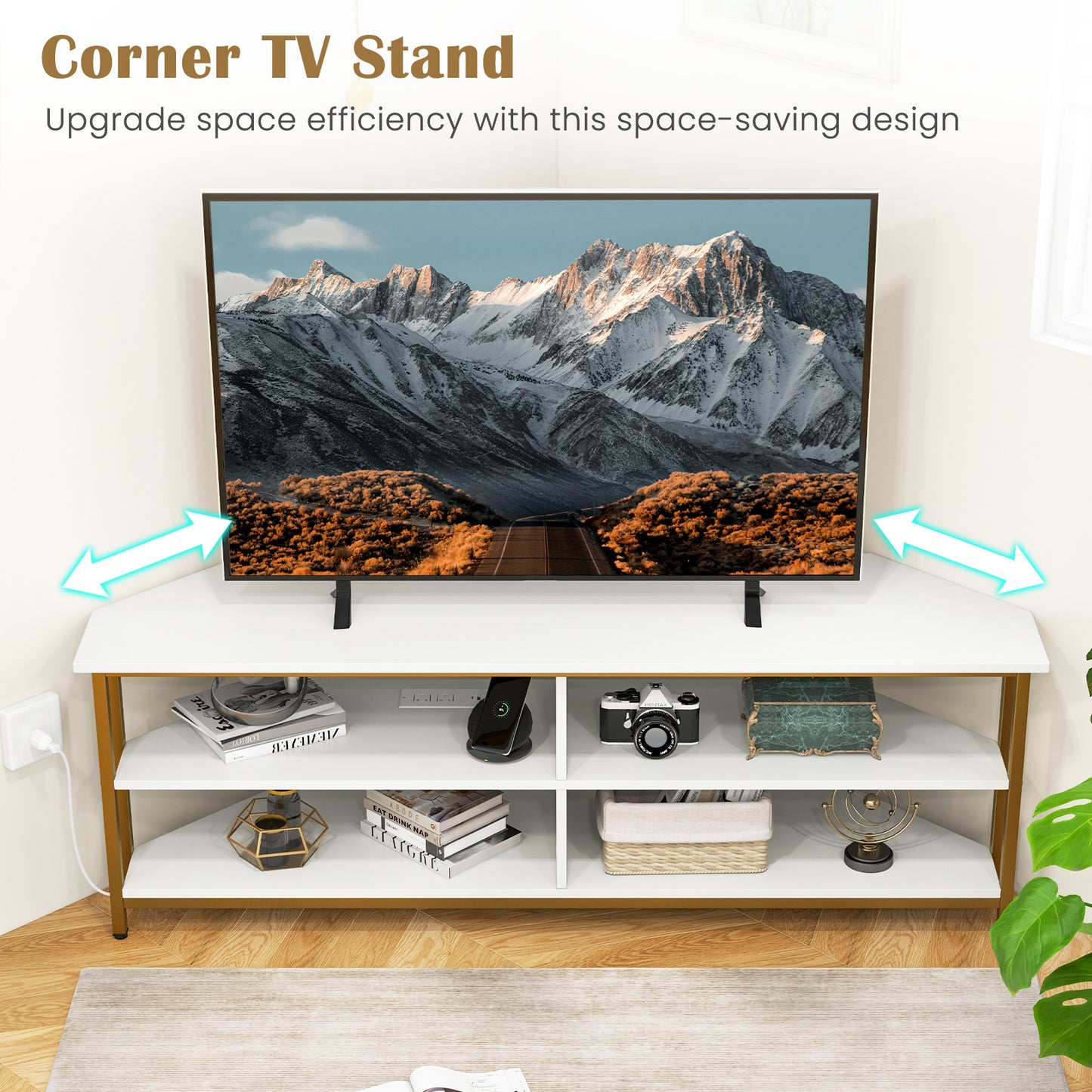 Giantex Nightcore Corner TV Stand, Entertainment Center for 65" TV, Console Table w/Metal Frame & AC Outlets, Media Console, White