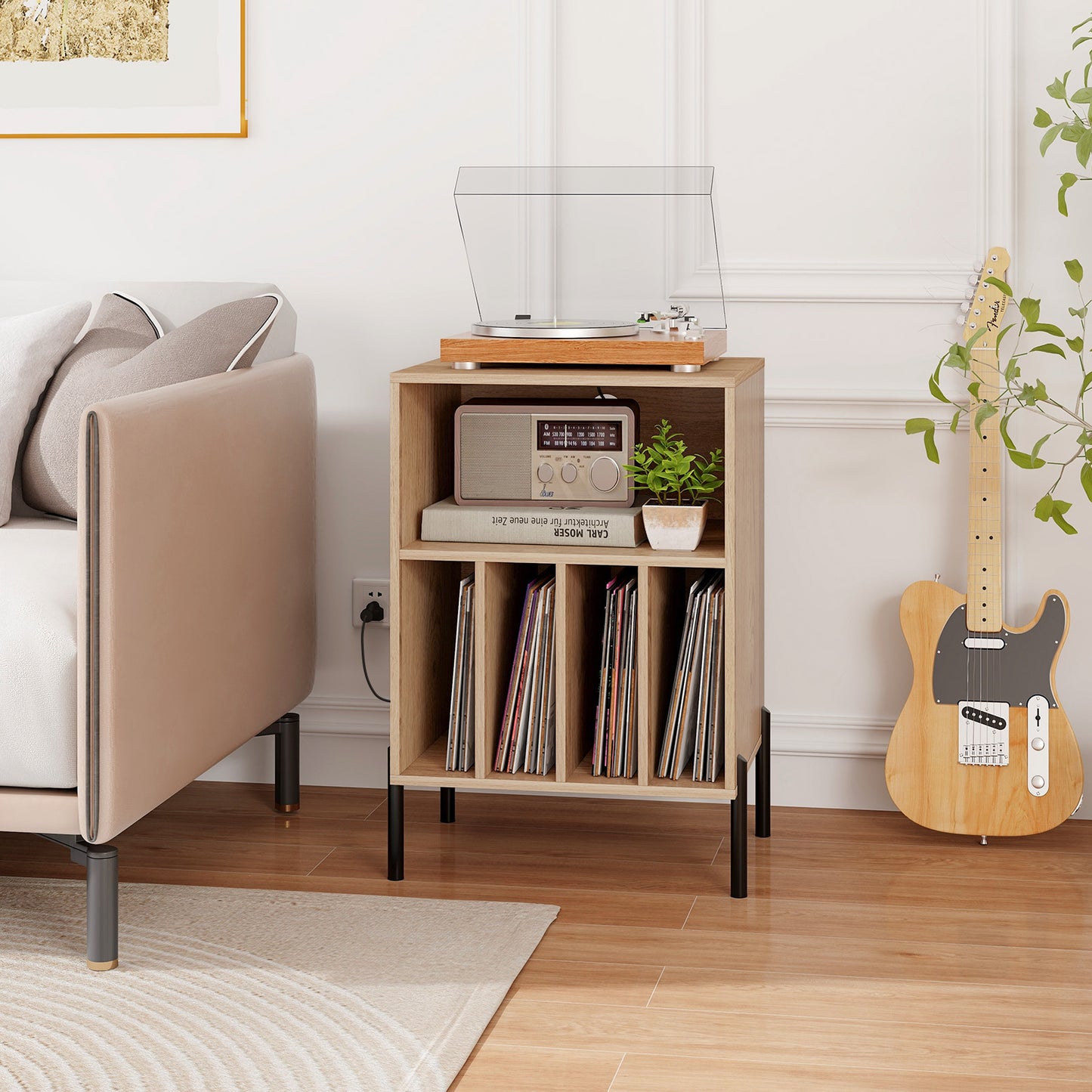 Giantex Record Player Stand, Turntable Side Table Nightstand w/Charging Station & Vinyl Record, Storage Cabinet, Natural