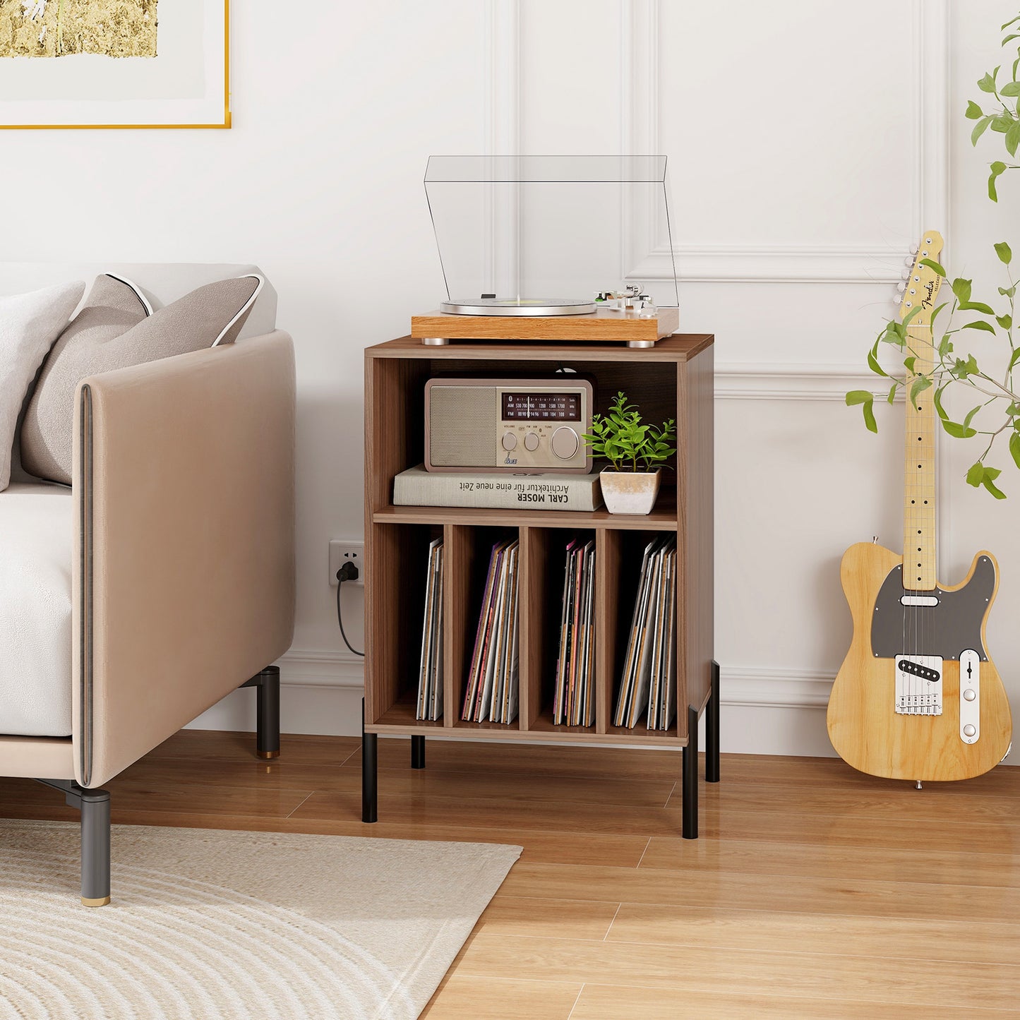 Giantex Record Player Stand, Turntable Side Table Nightstand w/Charging Station & Vinyl Record, Storage Cabinet, Walnut