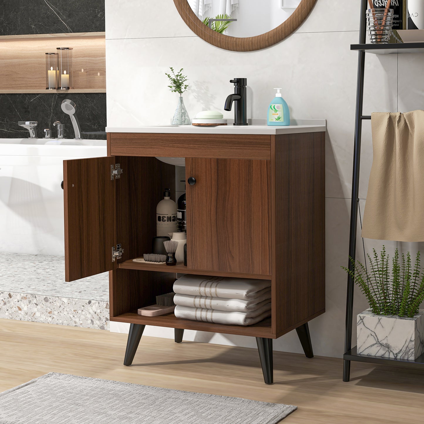 Giantex 25¡± Bathroom Vanity w/Sink Combo, Freestanding Cabinet, Wooden Faucet and Pop Up Drain