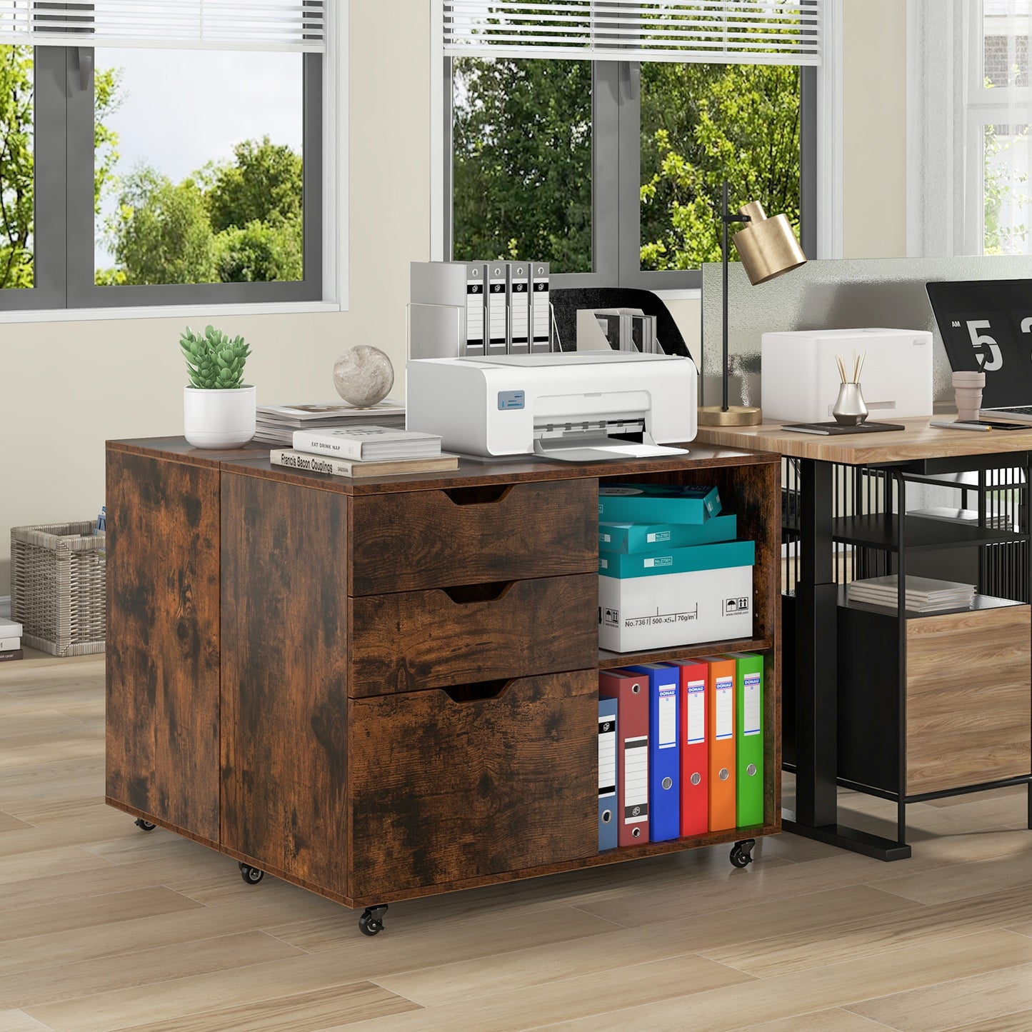 Giantex Rolling File Cabinet, Lateral Filing Cabinet w/Open Storage Shelves, Under Desk Storage Organizer, Mobile Printer Stand, Brown