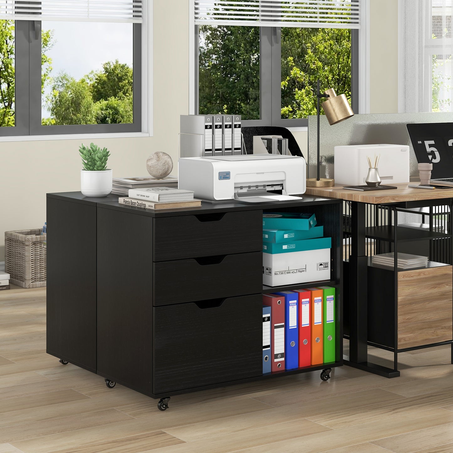 Giantex Rolling File Cabinet, Lateral Filing Cabinet w/Open Storage Shelves, Under Desk Storage Organizer, Mobile Printer Stand, Black