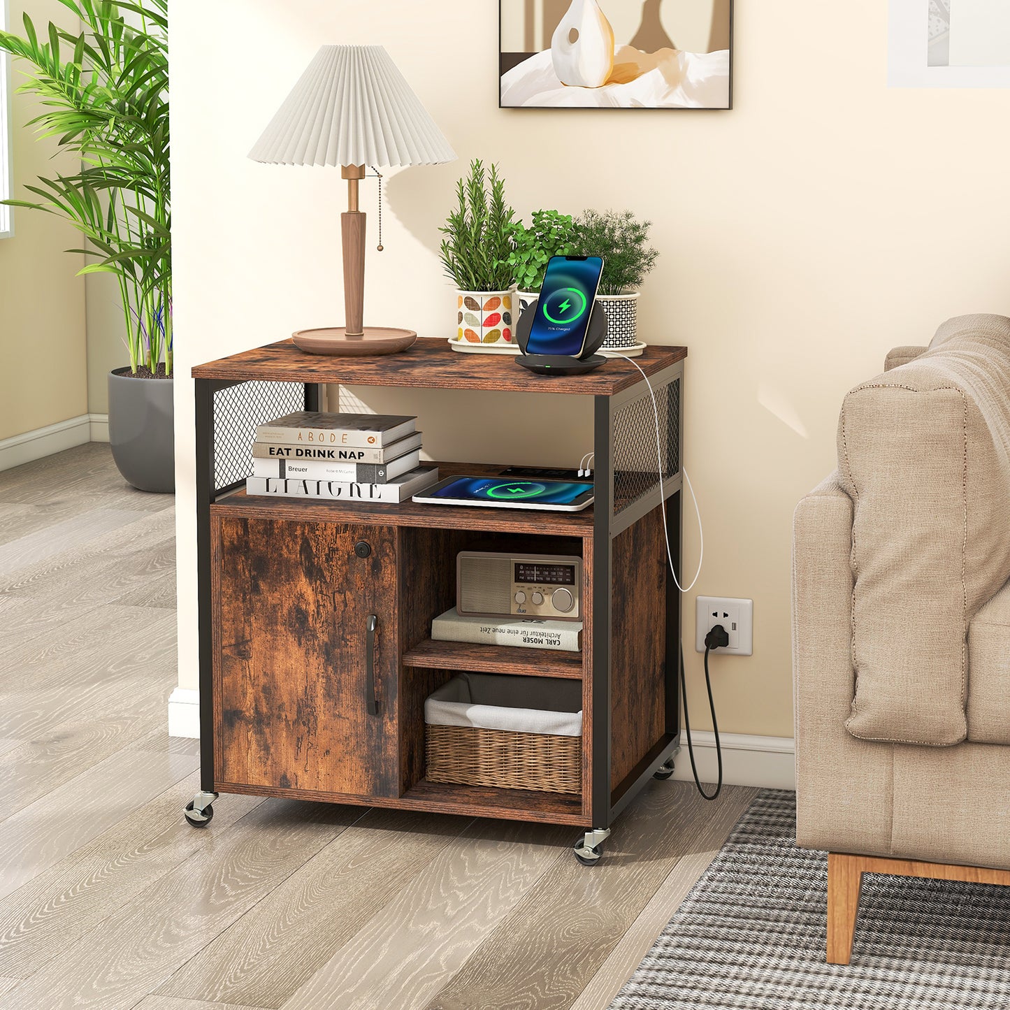 Giantex Rolling File Cabinet w/Charging Station, Mobile Lateral Filing Cabinet w/Adjustable Shelf, Printer Stand, Brown