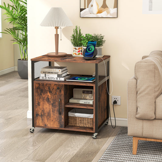 Giantex Rolling File Cabinet w/Charging Station, Mobile Lateral Filing Cabinet w/Adjustable Shelf, Printer Stand, Brown