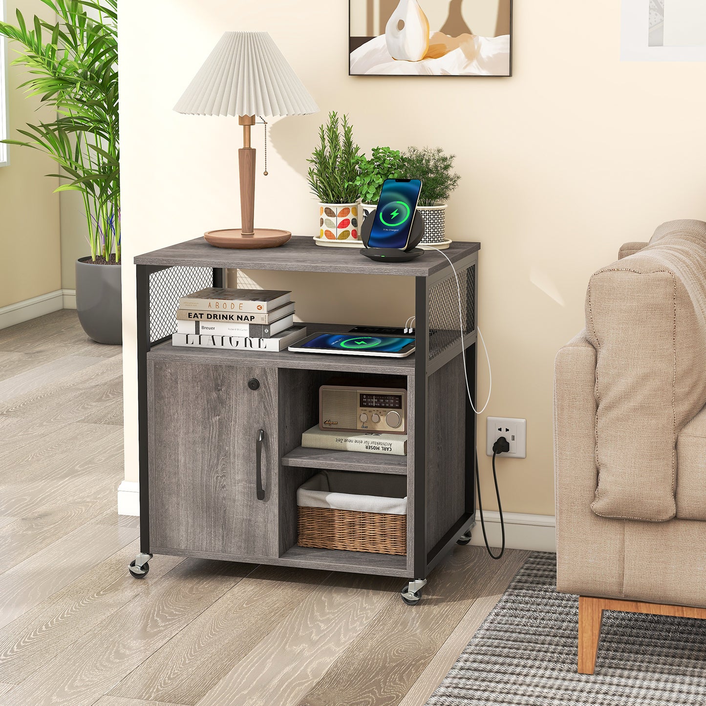 Giantex Rolling File Cabinet w/Charging Station, Mobile Lateral Filing Cabinet w/Adjustable Shelf, Printer Stand, Gray
