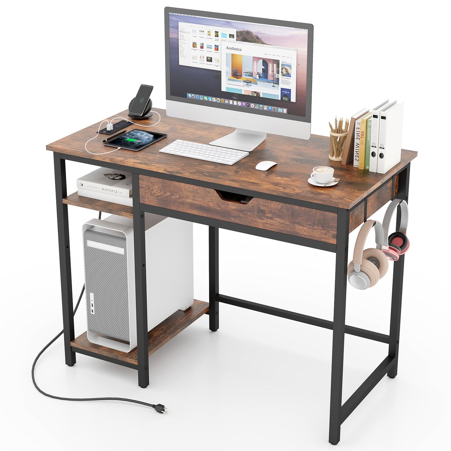 Giantex Industrial Computer Desk w/Drawer, Writing Desk w/Power Outlets, Storage Shelf, CPU Stand, Gaming Desk Table Workstation