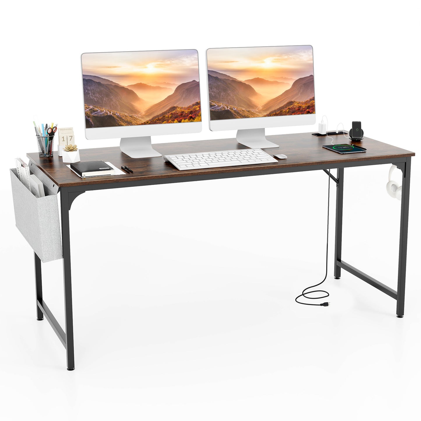 Giantex Home Office Desk, Computer Desk w/Recessed Power Strip & Wide Desktop, Workstation Writing Table, Rustic Brown
