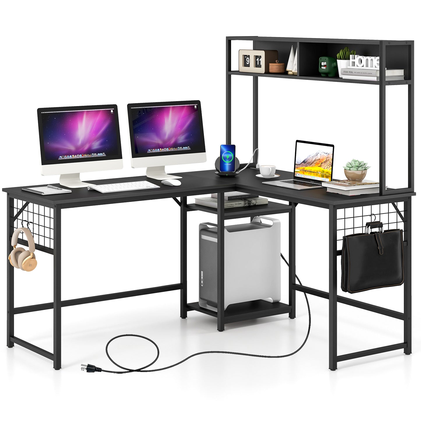 Giantex L Shaped Desk, Sturdy Computer Desk w/ Power Outlet, Long Corner Desk Home Office Table, Black