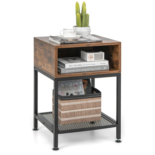 Giantex End Table, 2-tier Industrial Side Table with Mesh Storage Shelf, Stable Metal Frame, Adjustable Foot Pads, Nightstand Bedside Table
