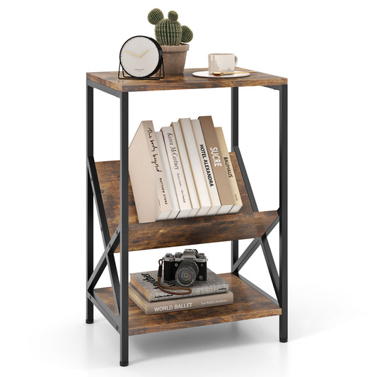 Giantex 3-Tier End Table, Industrial Sofa Side Table, Small Nightstand, Bedside Table w/V-Shaped Magazine Holder
