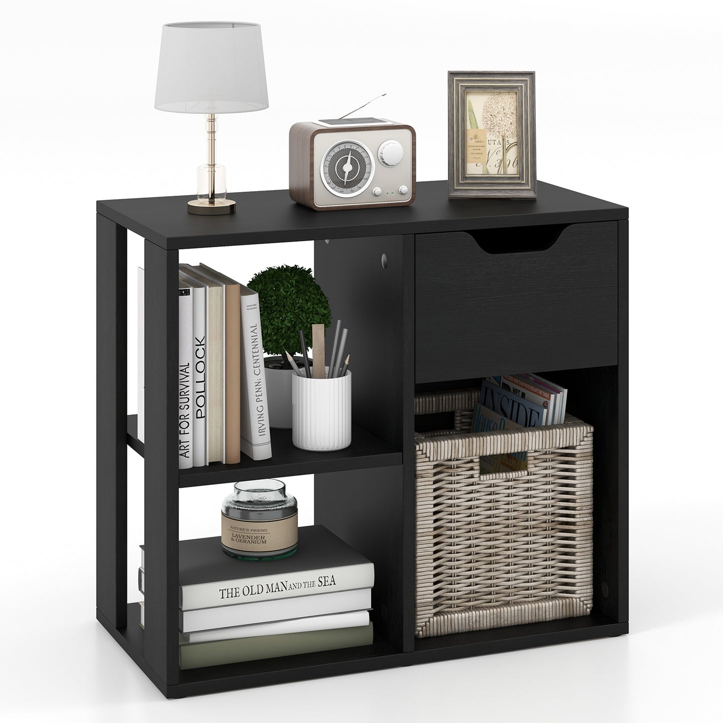Giantex Wooden End Table, Sofa Side Table w/Drawer, Small Bedside Table, Bookshelf Bookcase Nightstand for Home Office, Black